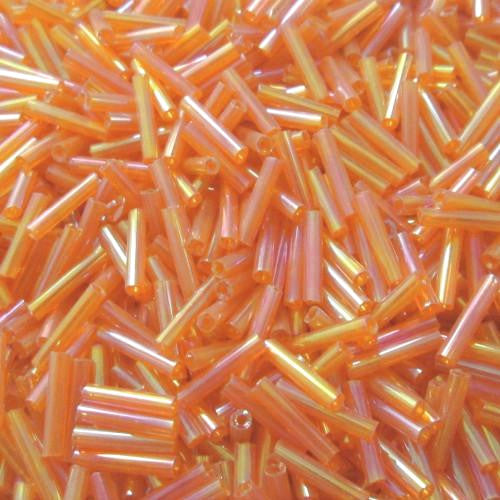 Bugle Beads, Glass, AB Color Plated, Transparent, Rainbow, Orange, 17mm - BEADED CREATIONS
