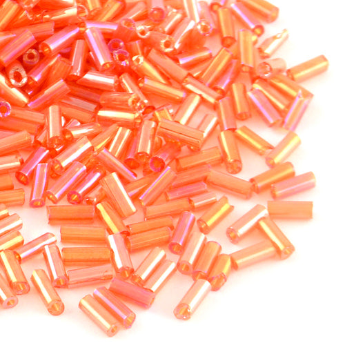 Bugle Beads, Glass, AB Color Plated, Transparent, Rainbow, Orange, 4-4.5mm - BEADED CREATIONS