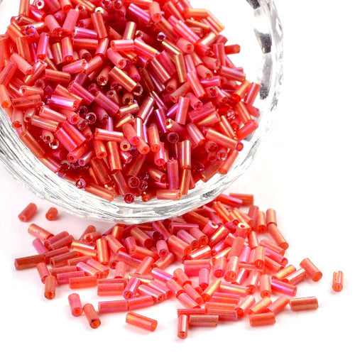 Bugle Beads, Glass, AB Color Plated, Transparent, Rainbow, Red, 4-4.5mm - BEADED CREATIONS