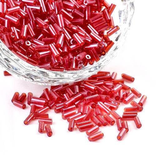 Bugle Beads, Glass, Transparent, Plated, Pearl Luster, Red, 4.6-5mm - BEADED CREATIONS
