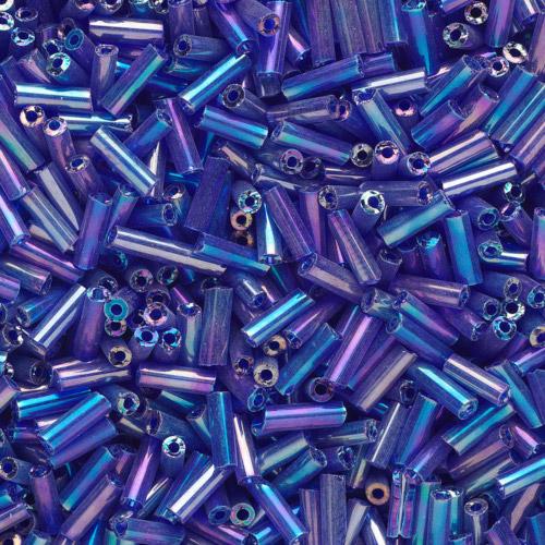 Bugle Beads, Glass, Transparent, Rainbow, Cobalt Blue, 6x1.8mm - BEADED CREATIONS