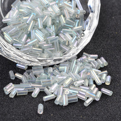 Bugle Beads, Glass, Transparent, Rainbow, Plated, Clear, 4.6-5mm - BEADED CREATIONS