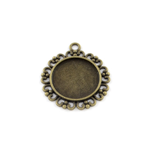 Cabochon Setting, Alloy, Pendant Base, Flat, Round, Ornate, Antique Bronze, Fits 20mm - BEADED CREATIONS