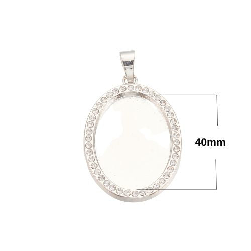 Cabochon Setting, Alloy, Pendant Base, With Bail, Glass Rhinestones, Oval, Silver Tone, Plated, Fits 40mm - BEADED CREATIONS