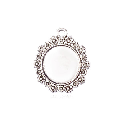 Cabochon Setting, Tibetan Style, Alloy, Pendant Base, Flat, Round, With Flower Design, Antique Silver, Fits 20mm - BEADED CREATIONS