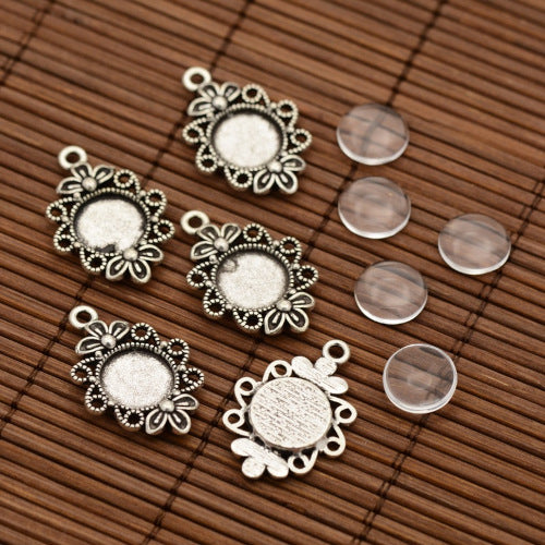 Cabochon Setting, Tibetan Style, Alloy, Pendant Base, With Glass Cabochons, Ornate, Round, Antique Silver, 12mm - BEADED CREATIONS