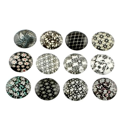 Cabochons, Glass, Dome, Seals, Flat Back, 12mm, Assorted, Monochrome, Floral - BEADED CREATIONS