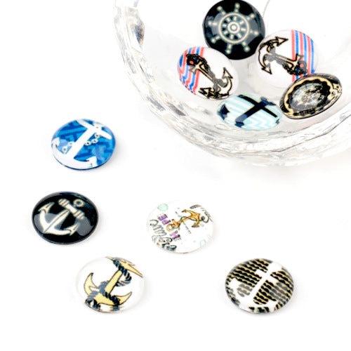 Cabochons, Glass, Dome, Seals, Flat Back, 12mm, Assorted, Transparent, Nautical, Anchor, Helm - BEADED CREATIONS