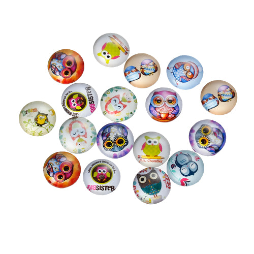 Cabochons, Glass, Dome, Seals, Flat Back, 12mm, Assorted, Transparent, Owls - BEADED CREATIONS