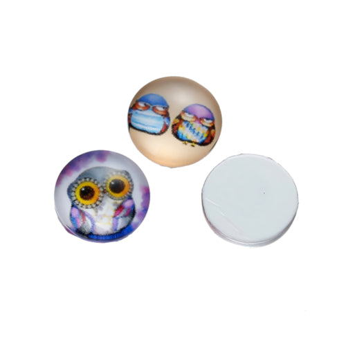 Cabochons, Glass, Dome, Seals, Flat Back, 12mm, Assorted, Transparent, Owls - BEADED CREATIONS