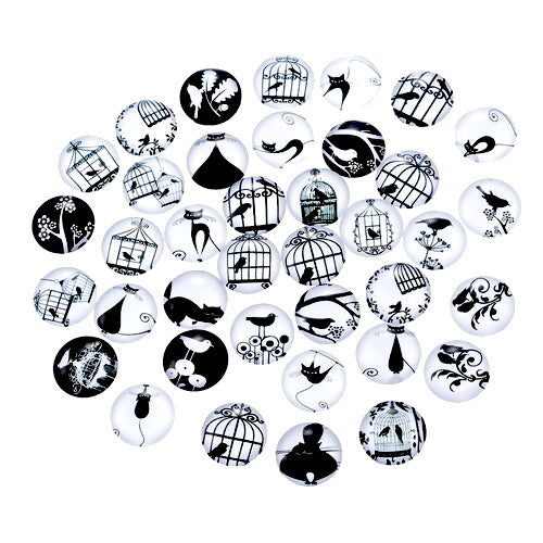 Cabochons, Glass, Dome, Seals, Flat Back, 12mm, Retro, Black And White - BEADED CREATIONS