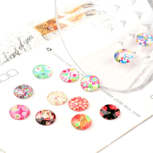 Cabochons, Glass, Dome, Seals, Flat Back, Assorted, Printed, Flowers, 12mm - BEADED CREATIONS