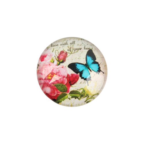Cabochons, Glass, Dome, Seals, Flat Back, Multicolored, Printed, Butterfly With Flowers, 12mm - BEADED CREATIONS