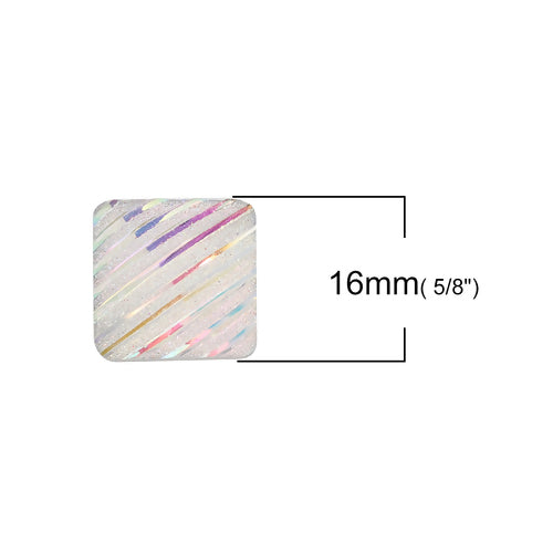 Cabochons, Resin, AB, Rainbow, Square, White, Glitter, Striped Pattern, 16mm - BEADED CREATIONS
