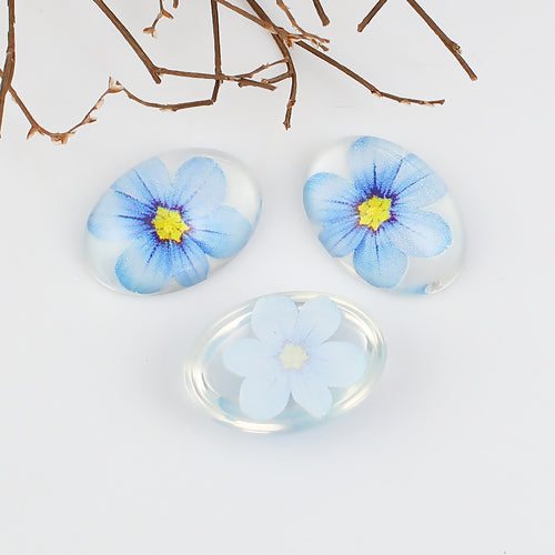 Cabochons, Resin, Dome, Seals, Oval, Transparent, Light Blue, Flower Pattern, 25mm - BEADED CREATIONS