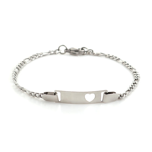 Chain Bracelets, 304 Stainless Steel, Figaro Chain Bracelet, With Cut-Out Heart Rectangular Tag, Silver Tone, 19cm - BEADED CREATIONS