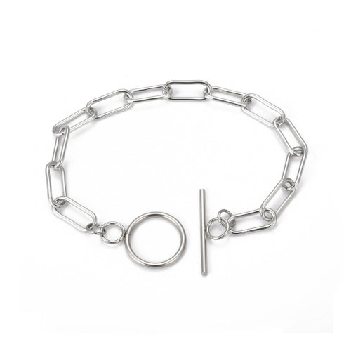 Chain Bracelets, 304 Stainless Steel, Paperclip Chain Bracelet, With Toggle Clasp, Silver Tone, 22cm - BEADED CREATIONS