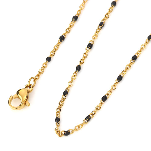 Chain Necklace, 304 Stainless Steel, Cable Link Chain, Gold Plated, Black, Enamel, 45.5cm - BEADED CREATIONS