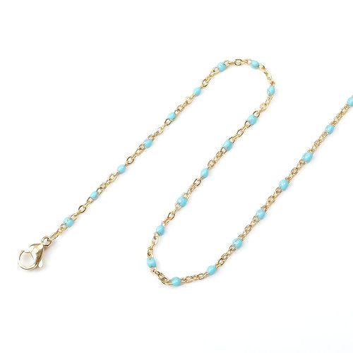 Chain Necklace, 304 Stainless Steel, Cable Link Chain, Gold Plated, Light Blue, Enamel, 50cm - BEADED CREATIONS