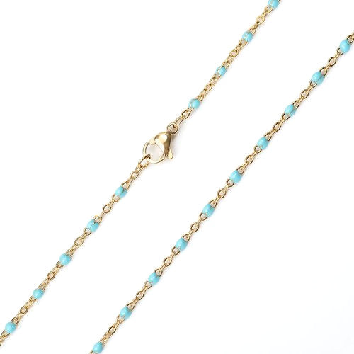 Chain Necklace, 304 Stainless Steel, Cable Link Chain, Gold Plated, Light Blue, Enamel, 50cm - BEADED CREATIONS