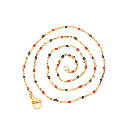 Chain Necklace, 304 Stainless Steel, Cable Link Chain, Gold Plated, Red And Black Enamel, 49.8cm