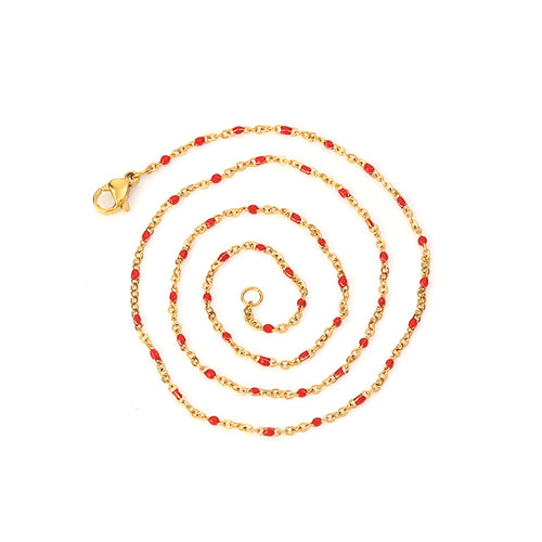 Chain Necklace, 304 Stainless Steel, Cable Link Chain, Gold Plated, Red, Enamel, 45.5cm - BEADED CREATIONS