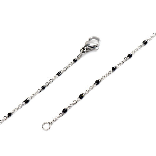 Chain Necklace, 304 Stainless Steel, Cable Link Chain, Silver Tone, Black, Enamel, 45cm - BEADED CREATIONS