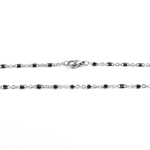 Chain Necklace, 304 Stainless Steel, Cable Link Chain, Silver Tone, Black, Enamel, 50cm - BEADED CREATIONS