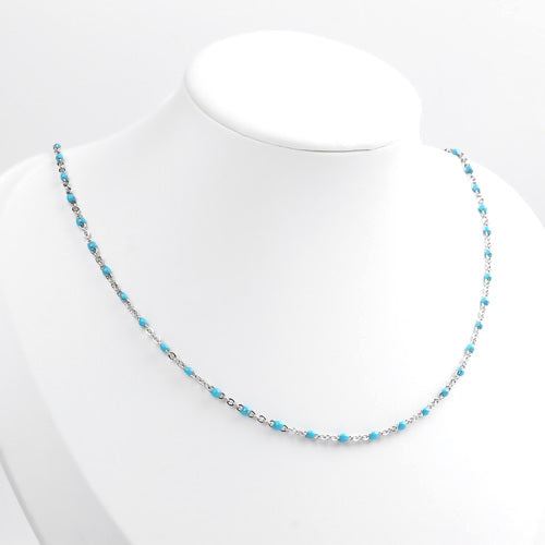 Chain Necklace, 304 Stainless Steel, Cable Link Chain, Silver Tone, Light Blue, Enamel, 45.5cm - EADED CREATIONS