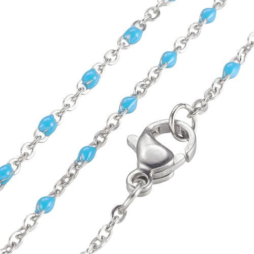 Chain Necklace, 304 Stainless Steel, Cable Link Chain, Silver Tone, Light Blue, Enamel, 45.5cm - EADED CREATIONS