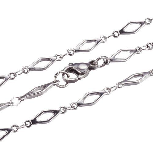 Chain Necklace, 304 Stainless Steel, Fancy, Diamond Link Chain Necklace, With Lobster Claw Clasp, Silver Tone, 45cm - BEADED CREATIONS