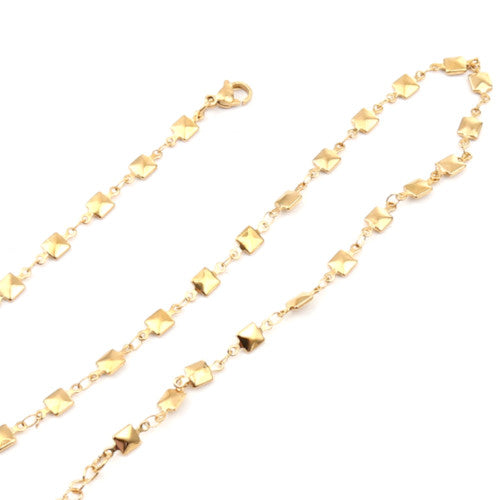 Chain Necklace, 304 Stainless Steel, Fancy, Faceted Square Link Chain Necklace, With Extender Chain, Gold Plated, 45cm - BEADED CREATIONS