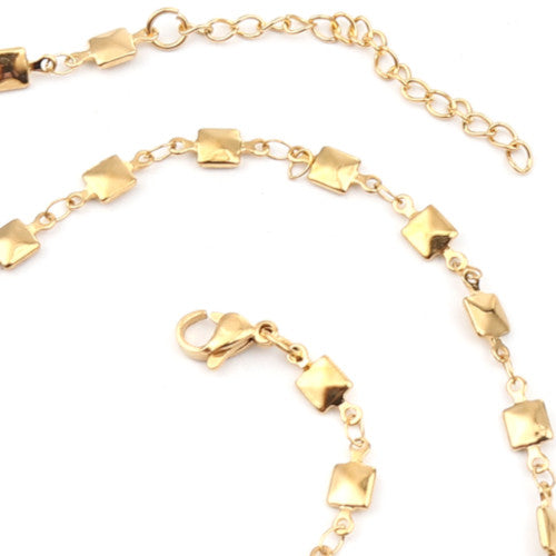 Chain Necklace, 304 Stainless Steel, Fancy, Faceted Square Link Chain Necklace, With Extender Chain, Gold Plated, 45cm - BEADED CREATIONS