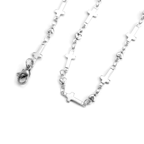 Chain Necklace, 304 Stainless Steel, Fancy, Heart And Cross Link Chain Necklace, With Extender Chain, Silver Tone, 24cm - BEADED CREATIONS