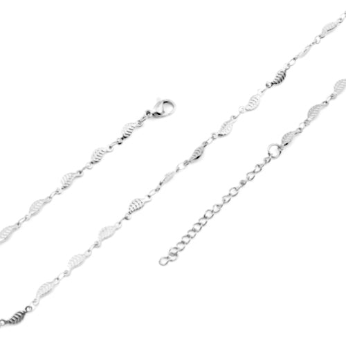 Chain Necklace, 304 Stainless Steel, Fancy, Leaf Link Chain Necklace, With Extender Chain, Silver Tone, 45cm - BEADED CREATIONS