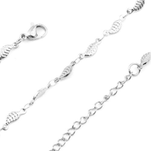 Chain Necklace, 304 Stainless Steel, Fancy, Leaf Link Chain Necklace, With Extender Chain, Silver Tone, 45cm - BEADED CREATIONS