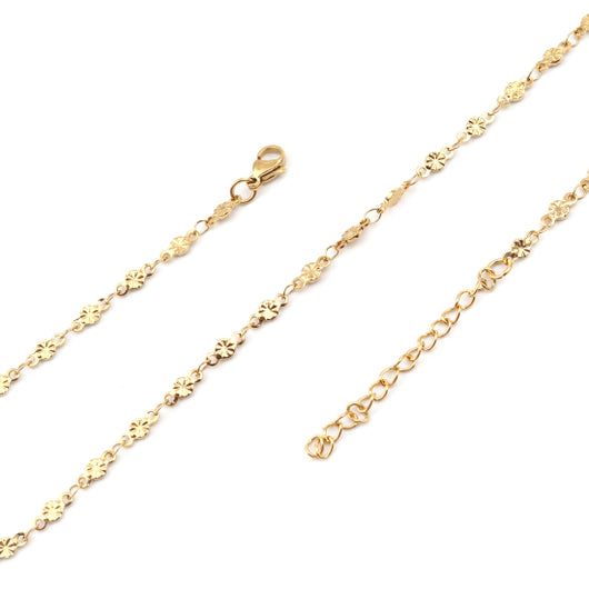 Chain Necklace,304 Stainless Steel, Fancy,  Round Dapped Flower Link Chain Necklace, With Extender Chain, Gold Plated, 45cm - BEADED CREATIONS