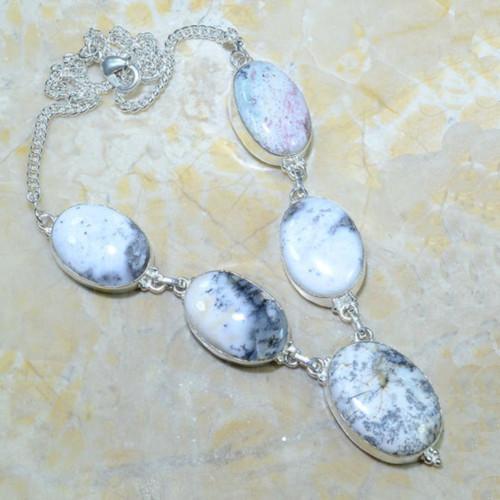Chain Necklace, 925 Sterling Silver, Oval Dendritic Opal Gemstone Chain Necklace, 48.89cm - BEADED CREATIONS