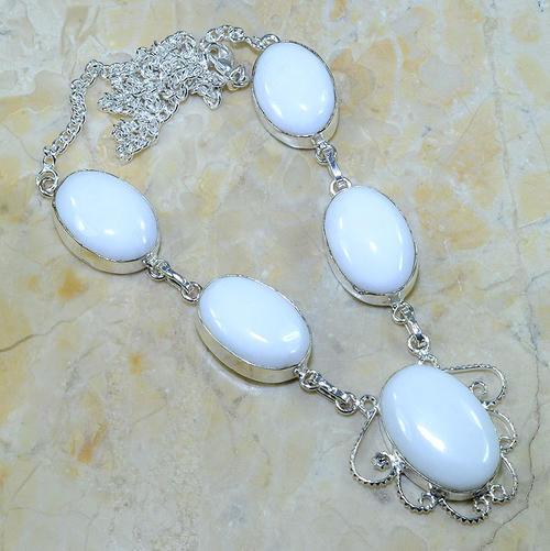 Chain Necklace, 925 Sterling Silver, Oval White Jade Gemstone Chain Necklace, 52.7cm - BEADED CREATIONS