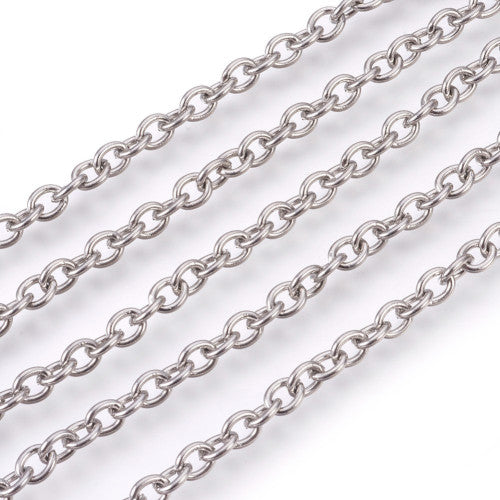 Chain, 304 Stainless Steel, Cable Chain, Open Link, Oval, Silver Tone, 5x4mm - BEADED CREATIONS