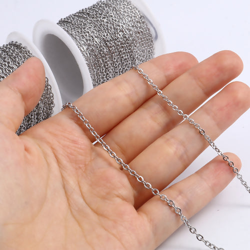 Chain, 304 Stainless Steel, Cable Chain, Soldered, Flat, Oval, Silver Tone, 1.6x1.3mm - BEADED CREATIONS