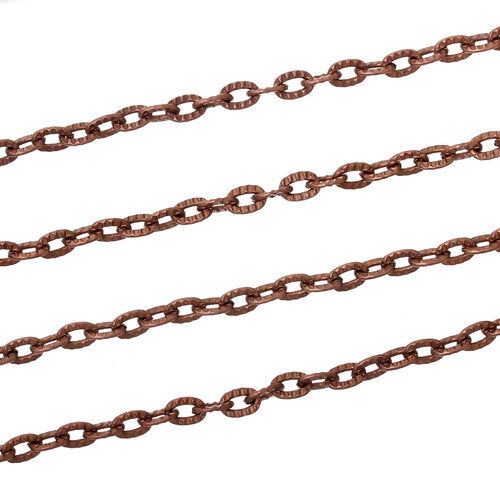 Chain, Iron, Cable Chain, Open Link, Flat, Oval, Textured, Red Copper, 4.2x3mm - BEADED CREATIONS