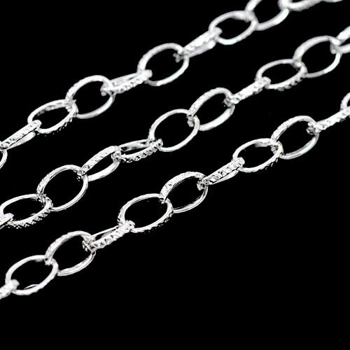 Chain, Iron, Cable Chain, Open Link, Flat, Oval, Textured, Silver Plated, 8x6mm - BEADED CREATIONS