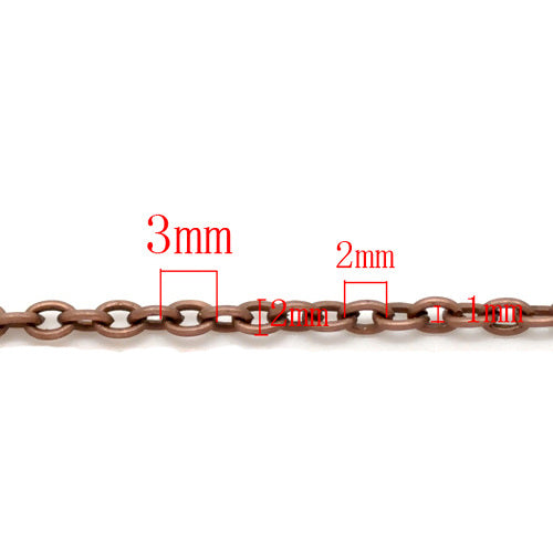 Chain, Iron, Cable, Open Link, Oval, Red Copper, 3x2mm - BEADED CREATIONS