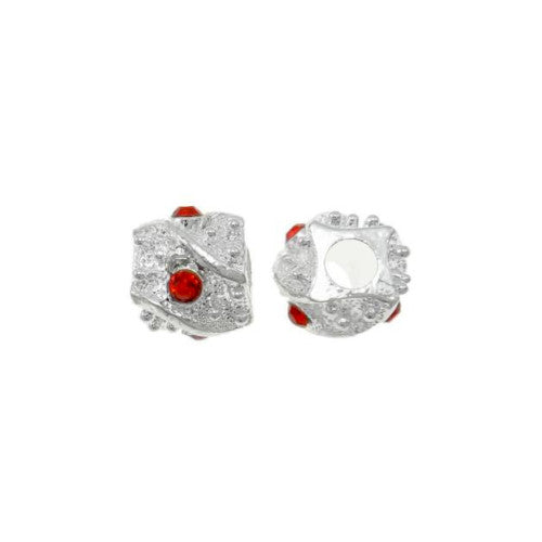 Charm Beads, Barrel, Red, Crystals, Silver Plated, Alloy, 10mm - BEADED CREATIONS