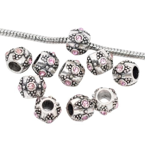 Charm Beads, Drum, Ornate, Pink, Crystals, Antique Silver, Alloy, 11mm - BEADED CREATIONS