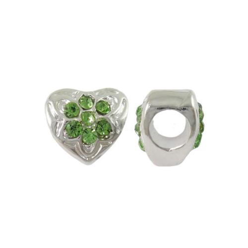 Charm Beads, Heart, Green Crystals, Silver Plated, Alloy, 11mm - BEADED CREATIONS