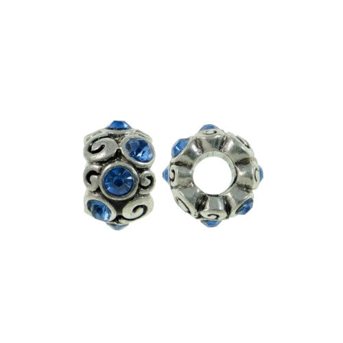 Charm Beads, Rondelle, Blue Rhinestones, Antique Silver, Alloy, 12mm - BEADED CREATIONS