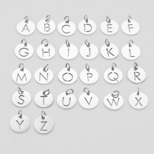 Charms, 201 Stainless Steel, Laser Cut, Alphabet, A-Z, Letters, With Jump Ring, Flat, Round, Silver Tone, 12mm - BEADED CREATIONS