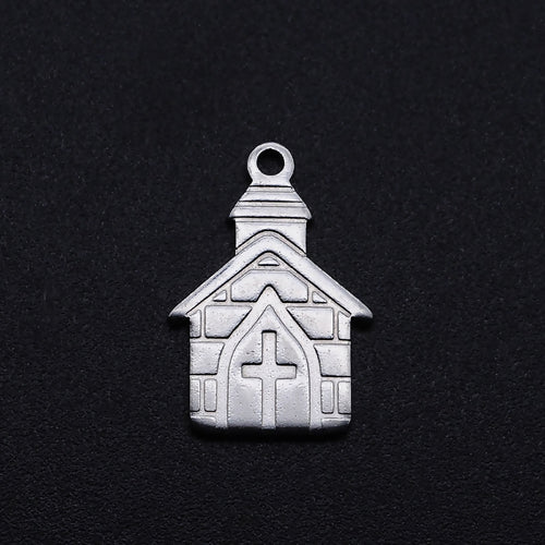Charms, 201 Stainless Steel, Religious, Church, Silver Tone, Single-Sided, 18mm - BEADED CREATIONS